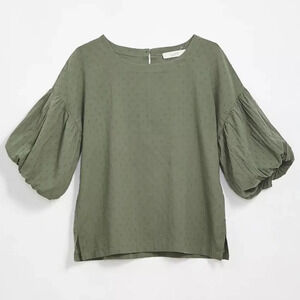 LOFT Anne  Taylor 100% Cotton Oversized Sage Green Balloon Sleeve Blouse Size S